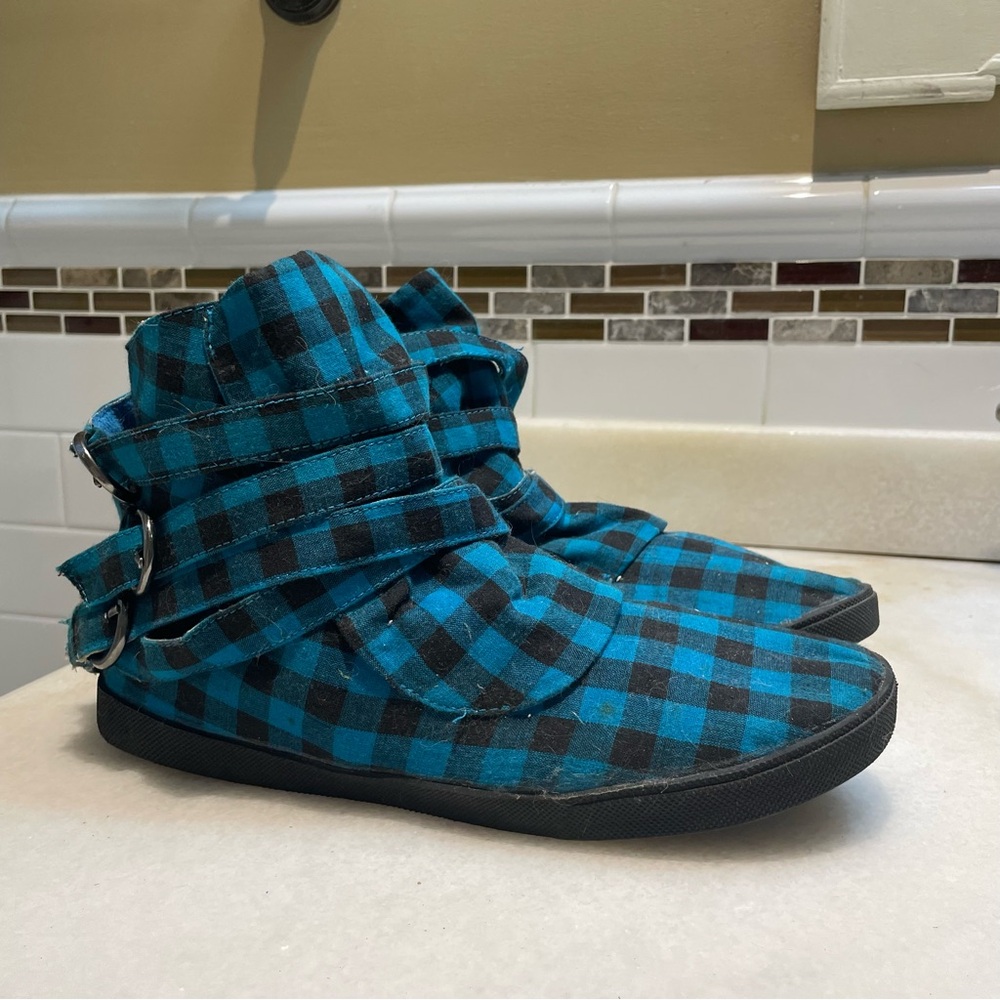 Blue and Black Plaid Ankle Boots